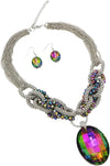 Mesmerizing Rainbow Vitrail Crystal Statement Necklace Earrings Jewelry Set, 18"+3" Extender