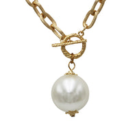 Statement Simulated Pearl Pendant On Textured Gold Tone Chunky Paperclip Link Toggle Clasp Necklace And Earrings Gift Set, 31"