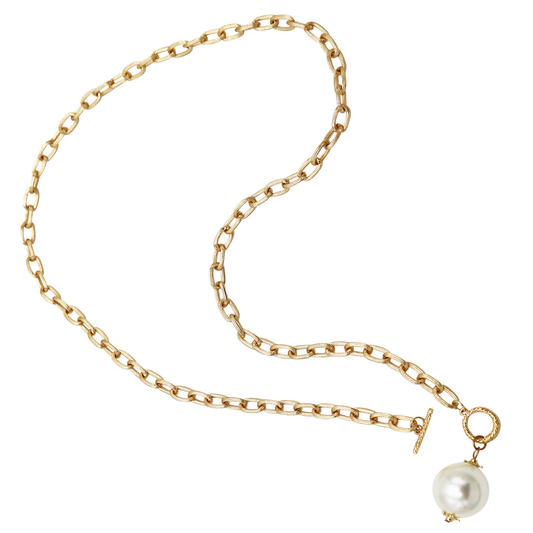 Statement Simulated Pearl Pendant On Textured Gold Tone Chunky Paperclip Link Toggle Clasp Necklace And Earrings Gift Set, 31"