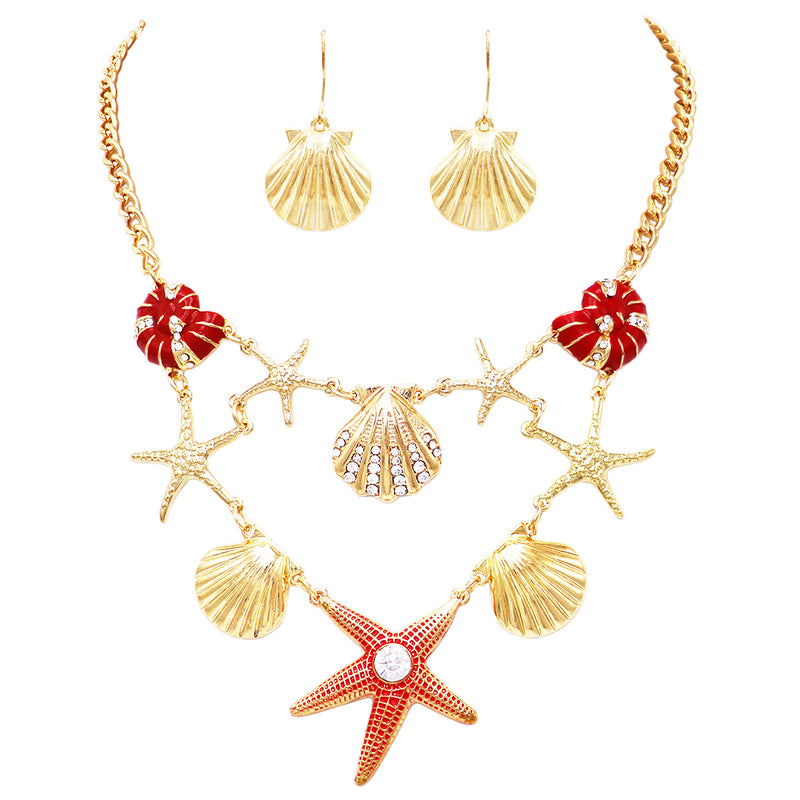 Stunning Starfish and Seashell Enamel and Crystal Necklace and Earrings Jewelry Set, 18"-21" with 3" Extender