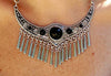 Women's Statement Silver Tone  Western Style Metal Fringe Natural Howlite Stone Collar Necklace Earrings Set, 11"+2" Extension