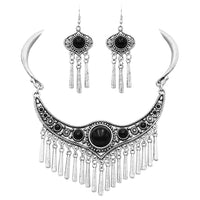 Women's Statement Silver Tone  Western Style Metal Fringe Natural Howlite Stone Collar Necklace Earrings Set, 11"+2" Extension