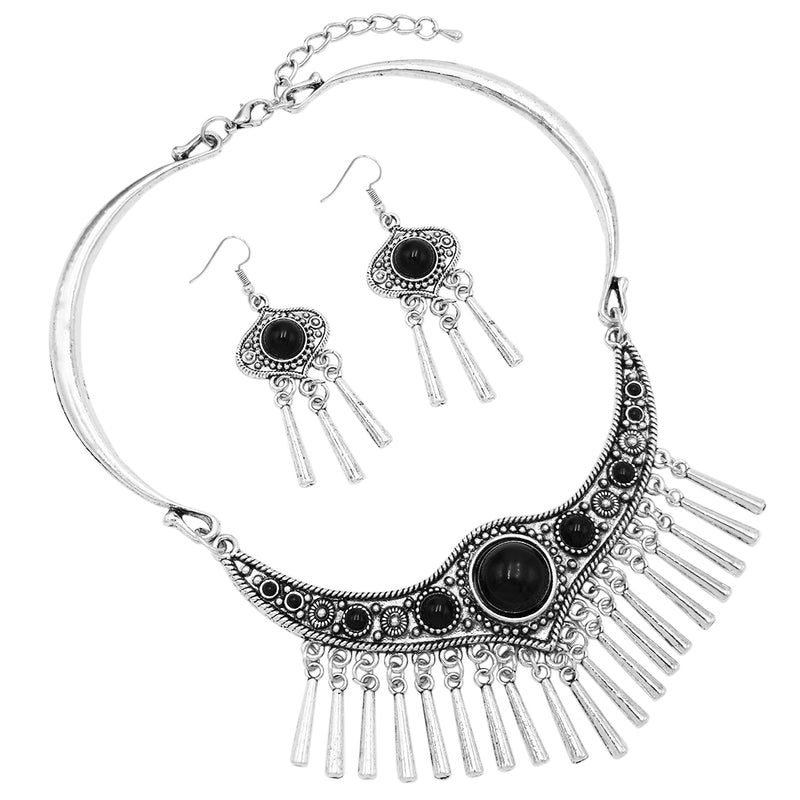 Women's Statement Silver Tone  Western Style Metal Fringe Natural Howlite Stone Collar Necklace Earrings Set, 11"+2" Extension