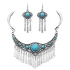 Women's Statement Silver Tone  Western Style Metal Fringe Natural Howlite Stone Collar Necklace Earrings Set, 11"+2" Extension