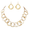 Matte Gold Tone Contemporary Hammered Circles Chain Necklace Dangle Earrings Set, 18"-20" with 2" Extension