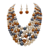 Multi Strand Simulated Pearl Bib Necklace and Earrings Jewelry Set, 16"+3" Extender (Neutral Multicolor Mix Gold Tone)