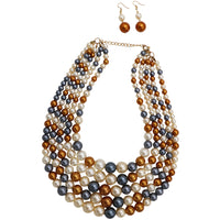 Multi Strand Simulated Pearl Bib Necklace and Earrings Jewelry Set, 16"+3" Extender (Neutral Multicolor Mix Gold Tone)