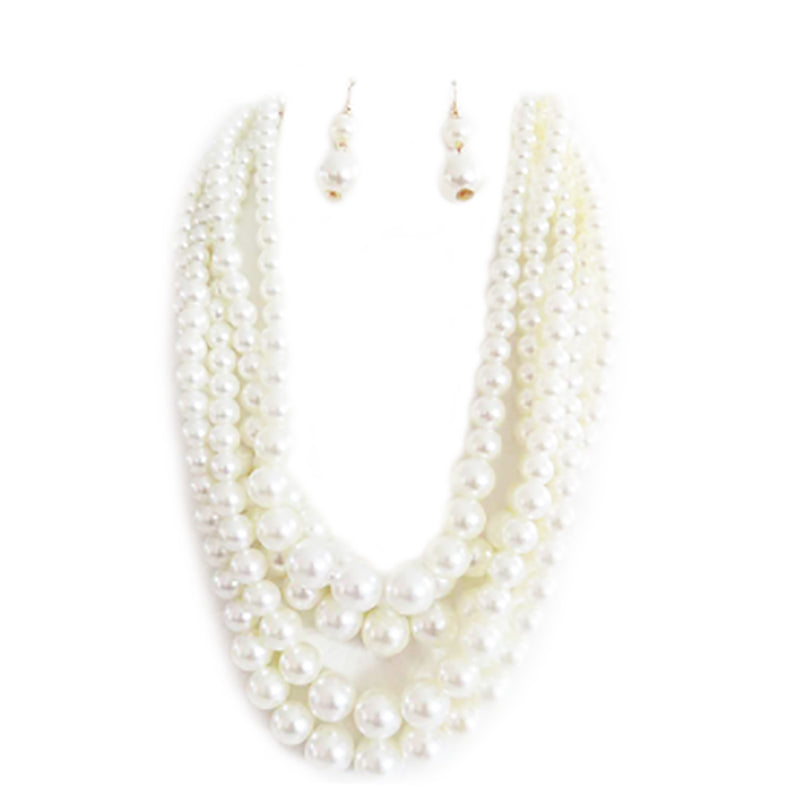 5 Colorful Multi Strands Simulated Pearl Bib Necklace And Earrings Jewelry Set, 16"+3" Extender