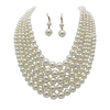 Multi Strand Simulated Pearl Bib Necklace and Earrings Jewelry Set, 16"-19" with 3" Extender (Cream)