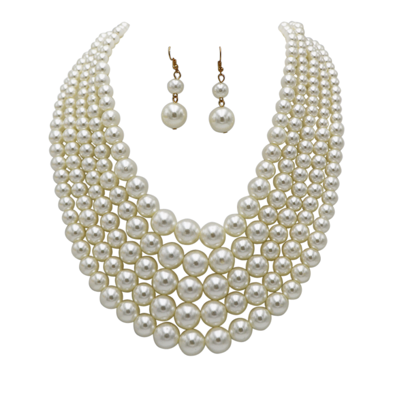 Multi Strand Simulated Pearl Bib Necklace and Earrings Jewelry Set, 16"-19" with 3" Extender (Cream)