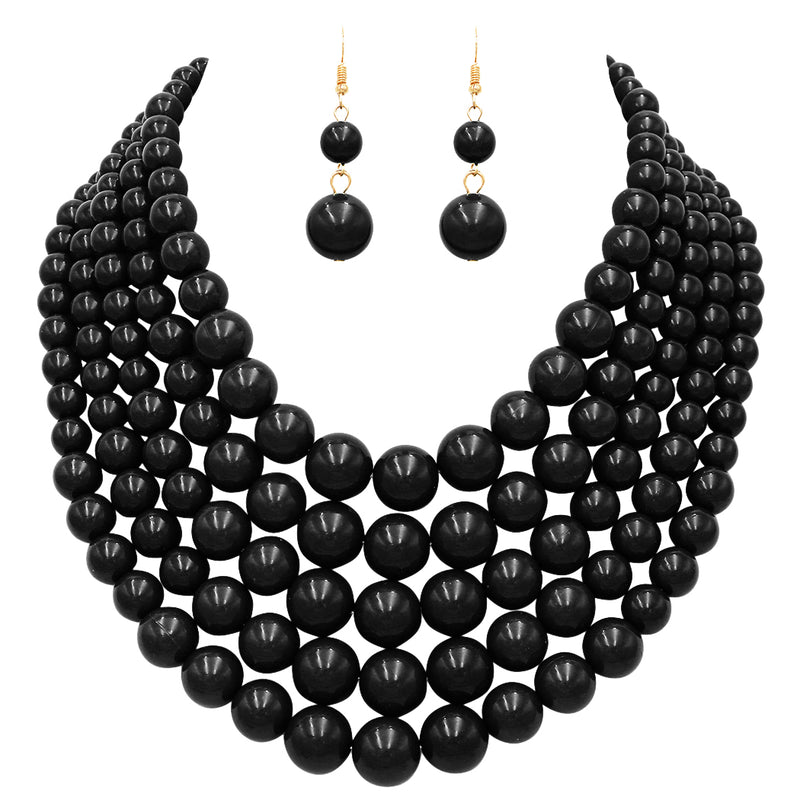 5 Colorful Multi Strands Simulated Pearl Bib Necklace And Earrings Jewelry Set, 16"+3" Extender