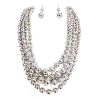 5 Colorful Multi Strands Simulated Pearl Bib Necklace And Earrings Jewelry Set, 16"+3" Extender