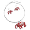 Majestic Enamel Coated Crystal Accented Lucky Elephant Statement Necklace Earrings Set, 12"-14" with 2" Extension (Red Enamel on Silver Tone)