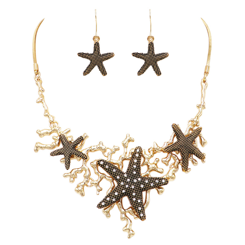 Stunning Textured Metal Starfish With Crystals Collar Necklace Earrings Set, 12"+3" Extender