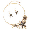 Stunning Textured Metal Starfish With Crystals Collar Necklace Earrings Set, 12"+3" Extender