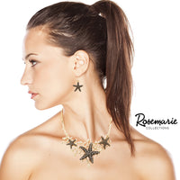 Stunning Textured Metal Starfish With Crystals Collar Necklace Earrings Set, 12"+3" Extender
