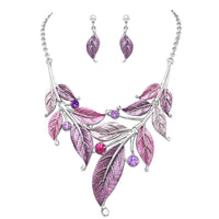 UnbeLeafable Vine and Leaves Crystal Statement Necklace Earrings Set, 14"+3 Extender (Purple And Pink Leaves Silver Tone)