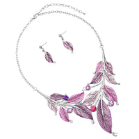 UnbeLeafable Vine and Leaves Crystal Statement Necklace Earrings Set, 14"+3 Extender (Purple And Pink Leaves Silver Tone)