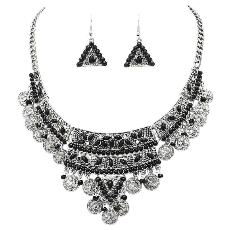 Stunning Bohemian Gypsy Disc Coin Statement Bib Necklace Drop Earrings Jewelry, 14"+3" Extender (Jet Black)
