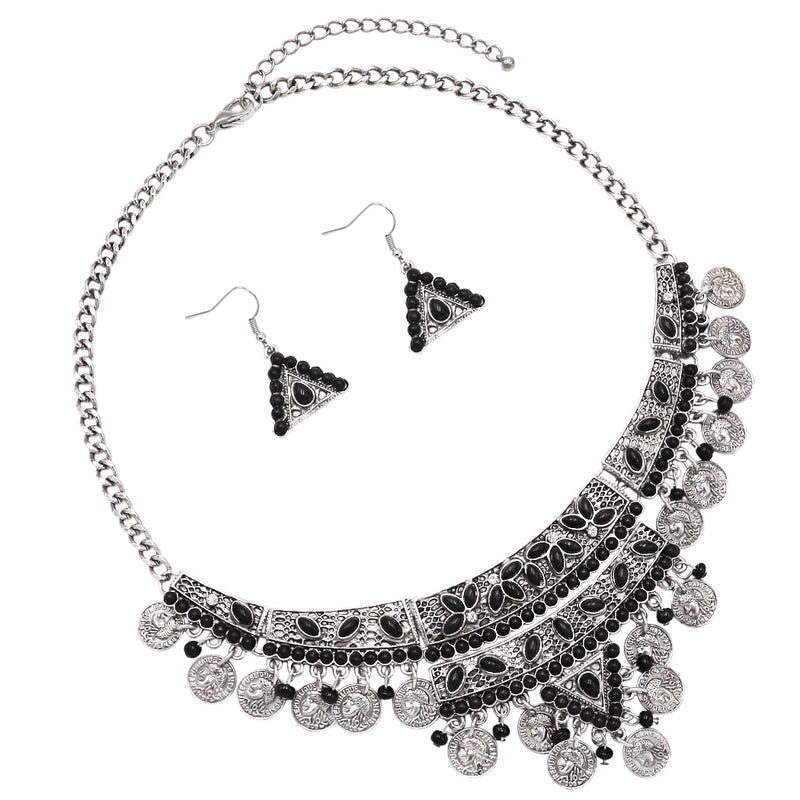 Stunning Bohemian Gypsy Disc Coin Statement Bib Necklace Drop Earrings Jewelry, 14"+3" Extender (Jet Black)
