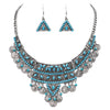 Stunning Bohemian Gypsy Disc Coin Statement Bib Necklace Drop Earrings Jewelry, 14"+ 3" Extender (Turquoise Blue)