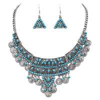Stunning Bohemian Gypsy Disc Coin Statement Bib Necklace Drop Earrings Jewelry, 14"+ 3" Extender (Turquoise Blue)