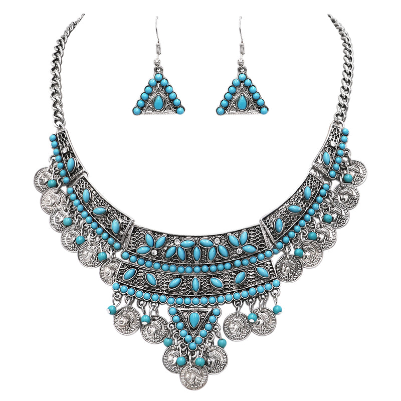 Stunning Bohemian Gypsy Disc Coin Statement Bib Necklace Drop Earrings Jewelry, 14"+ 3" Extender (Turquoise Blue)