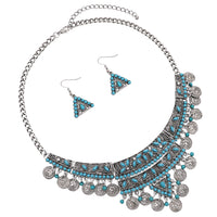 Stunning Bohemian Gypsy Disc Coin Statement Bib Necklace Drop Earrings Jewelry, 14"+ 3" Extender (Turquoise Blue)