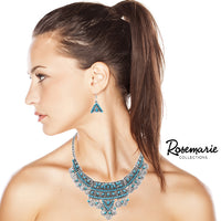 Stunning Bohemian Gypsy Disc Coin Statement Bib Necklace Drop Earrings Jewelry, 14"+ 3" Extender (Turquoise Blue)