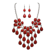 Cowgirl Chic Statement Red Howlite Stone Bib Necklace Drop Earrings Jewelry Gift Set, 14”+ 3" Extender