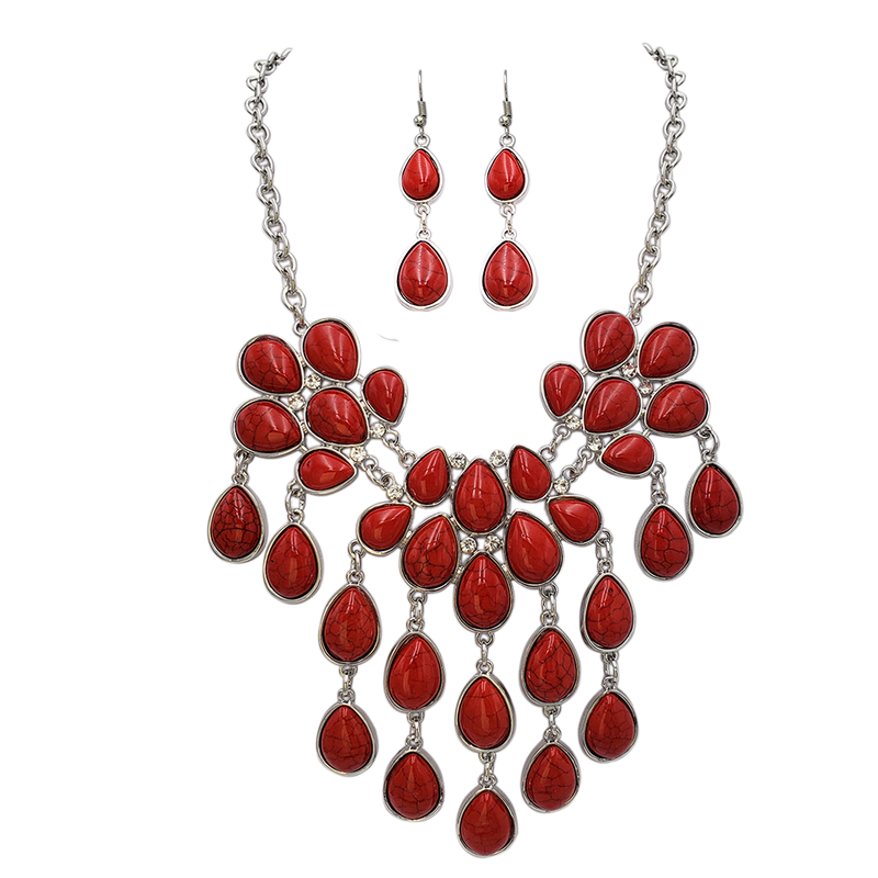 Cowgirl Chic Statement Red Howlite Stone Bib Necklace Drop Earrings Jewelry Gift Set, 14”+ 3" Extender