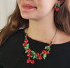 Cherry Fun 3D Enamel Resin And Crystal Fruit Silver Tone Necklace Earrings Jewelry Gift Set, 16"+3" Extender