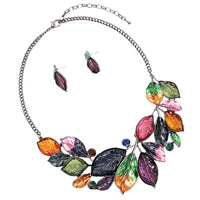 Women's Unbe-leaf-ably Stunning Colorful Enamel And Resin Leaf Statement Necklace Earrings Set, 16-+3" Extender