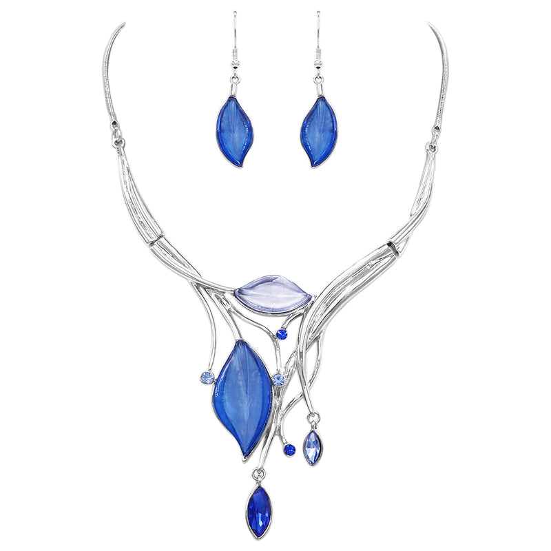 Leaf Design Statement Bib Necklace Earrings Set (Blue)