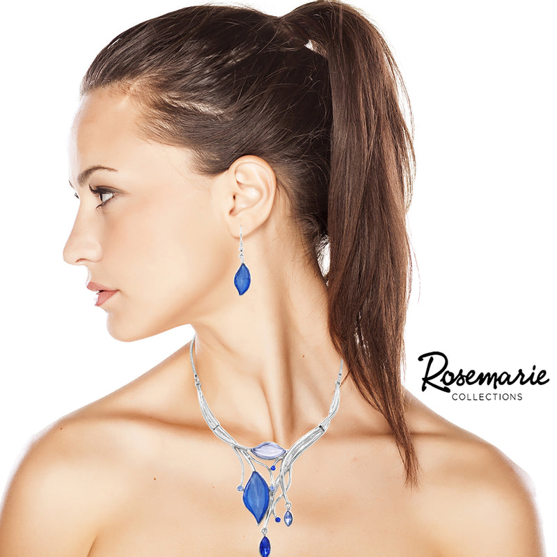 Leaf Design Statement Bib Necklace Earrings Set (Blue)