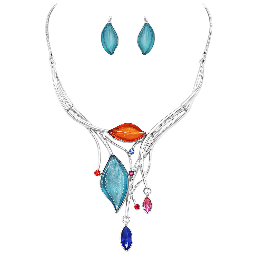 Rosemarie Collections Women's Colorful Resin Leaf And Crystal Design Statement Bib Necklace Earrings Set, 14"+3" Extender