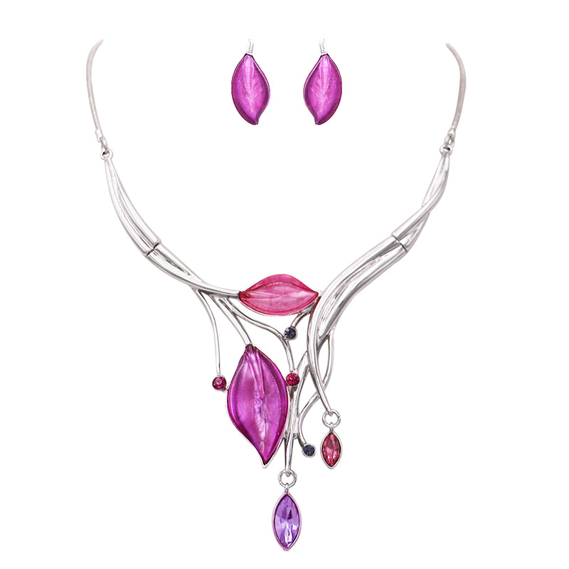 Colorful Resin Leaf And Crystal Design Statement Bib Necklace Earrings Set, 14"+3" Extender (Silver Tone Purple)