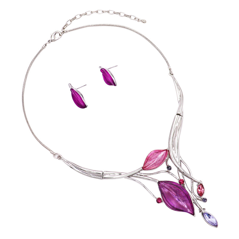Colorful Resin Leaf And Crystal Design Statement Bib Necklace Earrings Set, 14"+3" Extender (Silver Tone Purple)
