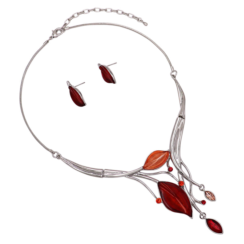 Colorful Resin Leaf And Crystal Design Statement Bib Necklace Earrings Set, 14"+3" Extender (Silver Tone Red)