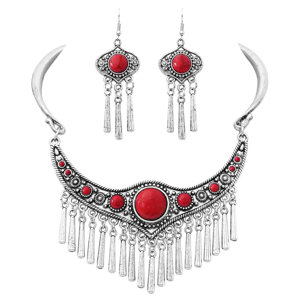 Women's Statement Silver Tone  Western Style Metal Fringe Natural Howlite Stone Collar Necklace Earrings Set, 11"+2" Extension