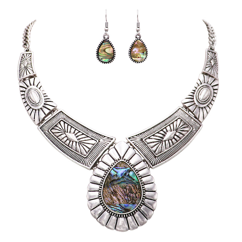 Women's Stunning Natural Howlite Stone Teardrop Western Statement Necklace And Earrings Set