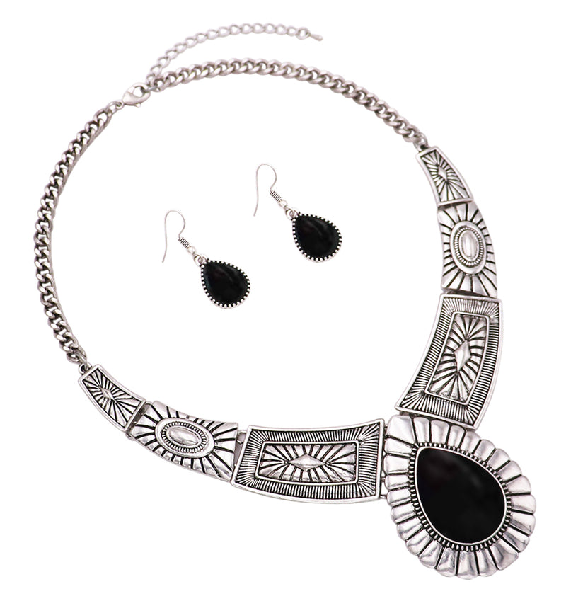 Women's Stunning Natural Howlite Stone Teardrop Western Statement Necklace And Earrings Set