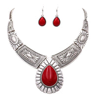 Women's Stunning Natural Howlite Stone Teardrop Western Statement Necklace And Earrings Set