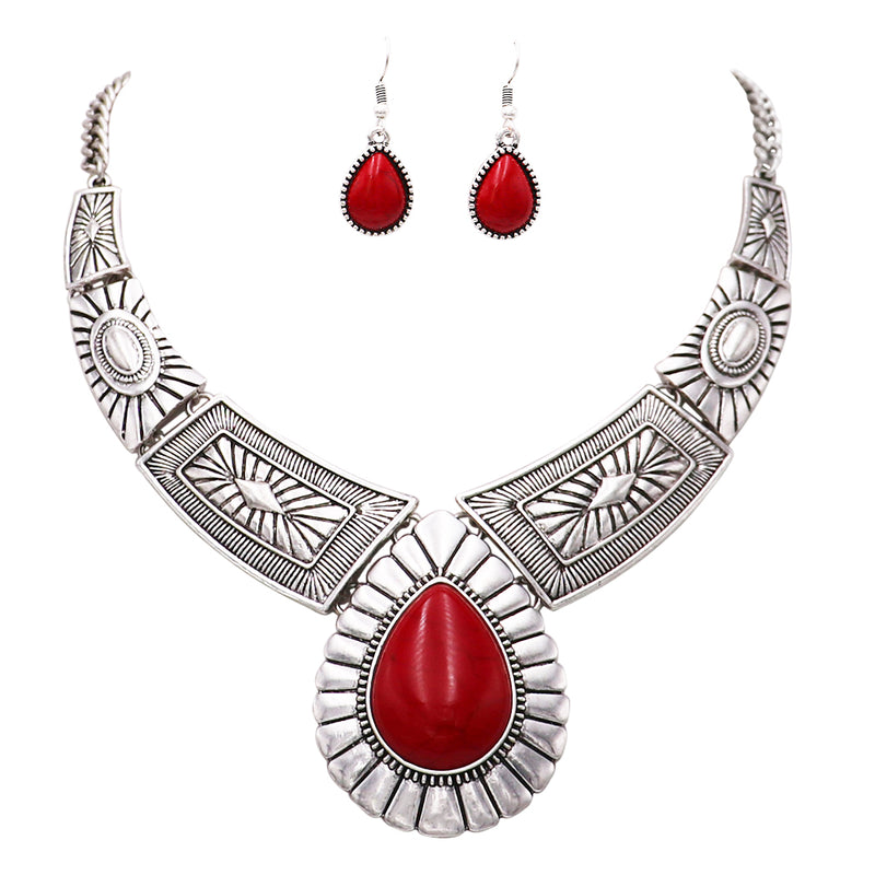 Women's Stunning Natural Howlite Stone Teardrop Western Statement Necklace And Earrings Set