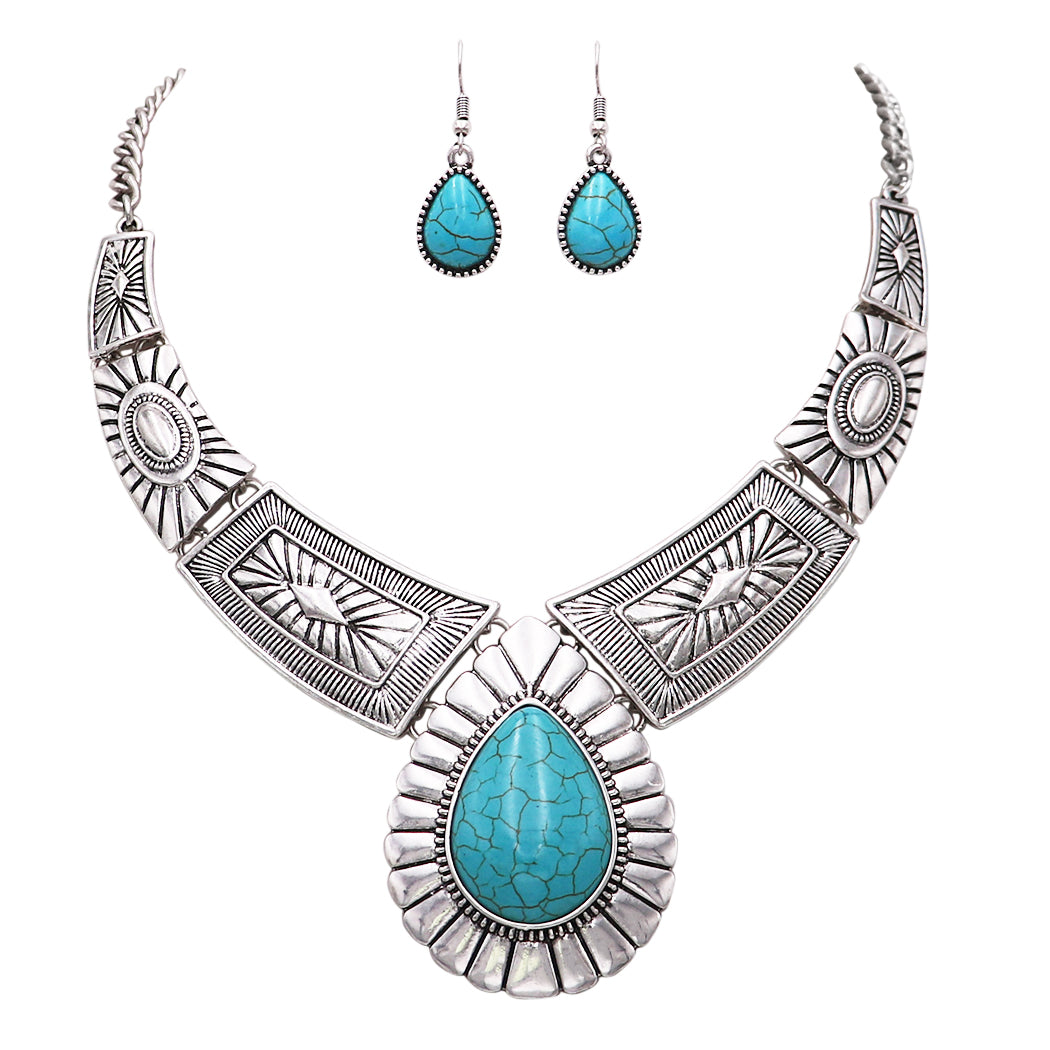 Women's Stunning Natural Howlite Stone Teardrop Western Statement Necklace And Earrings Set
