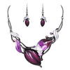 Unbe"leaf"able Statement Enamel Crystal Resin 3D Leaf Necklace Earrings Set, 14"+3" Extender (Purple Leaves Hematite Tone)