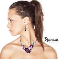 Unbe"leaf"able Statement Enamel Crystal Resin 3D Leaf Necklace Earrings Set, 14"+3" Extender (Purple Leaves Hematite Tone)