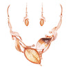 Unbe"leaf"able Statement Enamel Crystal Resin 3D Leaf Necklace Earrings Set, 14"+3" Extender (Peach Leaves Rose Gold Tone)