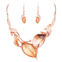 Unbe"leaf"able Statement Enamel Crystal Resin 3D Leaf Necklace Earrings Set, 14"+3" Extender (Peach Leaves Rose Gold Tone)
