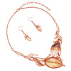 Unbe"leaf"able Statement Enamel Crystal Resin 3D Leaf Necklace Earrings Set, 14"+3" Extender (Peach Leaves Rose Gold Tone)